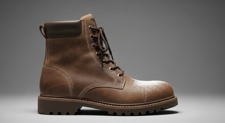 Brown leather work boot with laces, rugged sole, and a dusting of white powder on the toe, isolated for durability and winter wear illustration