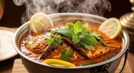 Hot steaming kerala style fish curry, meen moilee, in a traditional metal pot garnished with fresh mint, cilantro, and lemon slices. illustration