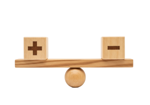 Two meticulously crafted wooden cubes with plus and minus signs perfectly balanced on a wooden beam and fulcrum against a transparent studio background, concept of strategic balance and thoughtful
