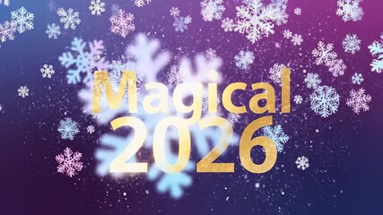 Magical 2026 New Year Celebration with Falling Snowflakes and Golden Text on a Festive Purple Background.