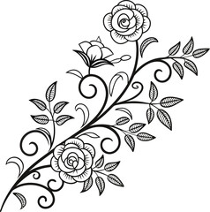 A detailed, symmetrical floral embroidery design is centered against a stark white background. The design is comprised of delicate, interconnected floral and foliage elements, primarily in the form of