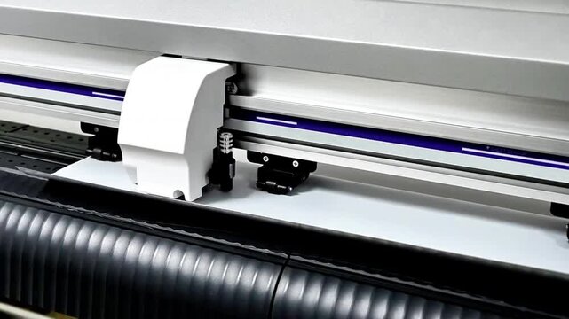 Watch a large-format printer in motion-ink jets glide smoothly as the print head sweeps across the surface, laying down vibrant color with precision and rhythmic movement