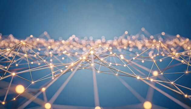 A stylized 3D rendering of interconnected glowing networks