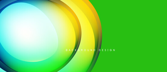 Bright abstract layers create dynamic visual effect. Green background complements vibrant circular shapes, modern design.