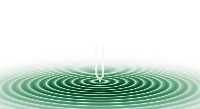 Tuning Fork Vibrations with Green Circular Waves on White Backgr