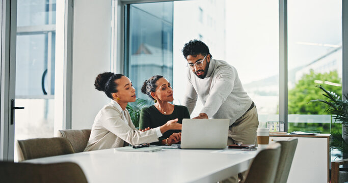 Boardroom, women and man with laptop, meeting and planning for ad campaign on web and collaboration. Business, colleagues and people with strategy for digital marketing, online and research with tech