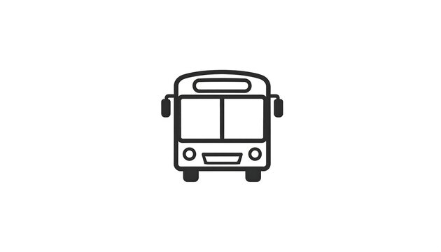 A frontal monochrome depiction of a public transit vehicle. Featuring a simplified design with rectangular windows and circular headlights, all outlined