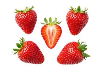 Four ripe red strawberries, three whole, one halved, revealing juicy interior, on a transparent background with negative space. Concept of natural freshness and healthy eating