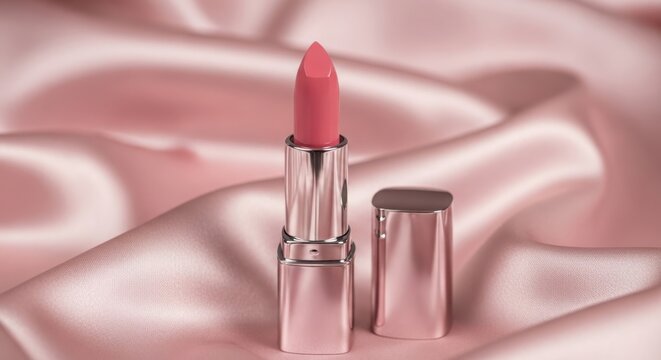 Pink coral lipstick and shiny rose gold tube on luxurious light pink satin fabric background for elegant beauty and makeup concepts illustration