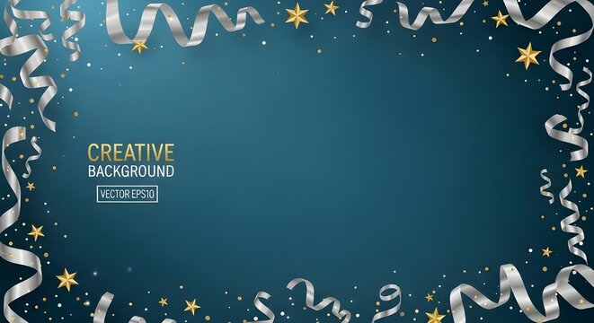 Festive dark blue background with swirling silver ribbons and golden stars for celebrations and events