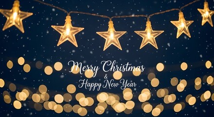 Festive star shaped christmas lights and bokeh effect with merry christmas and happy new year text