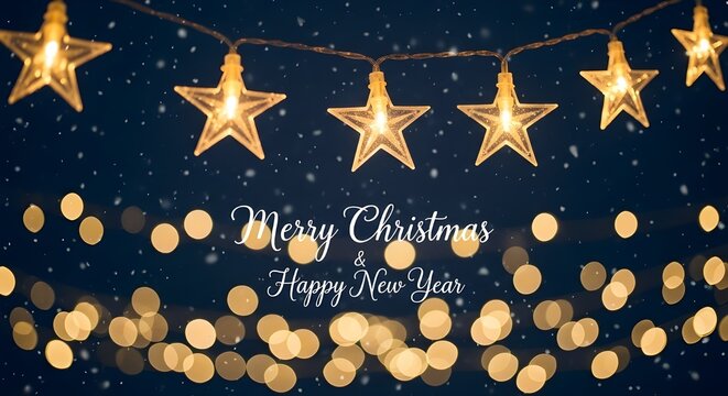 Festive star shaped christmas lights and bokeh effect with merry christmas and happy new year text