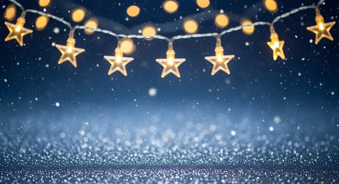 Twinkling golden star shaped string lights glowing against a dark blue sparkling bokeh background