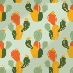 This vibrant pattern features stylized cacti in various colors against a soft pastel green backdrop, invoking a lively and cheerful aesthetic suitable for décor.