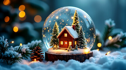 Christmas snow globe with glowing wooden cabin, snowy pine trees.