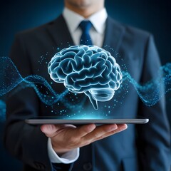 Futuristic Artificial Intelligence Concept with Digital Brain Hologram Above Tablet in Businessman’s Hand on Blue Technology Background