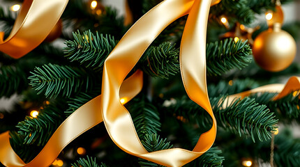 Close-up of Christmas tree with shimmering gold satin ribbons and ornaments, warm festive lighting.