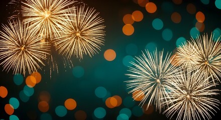Bright golden fireworks bursting in the night sky with soft bokeh lights