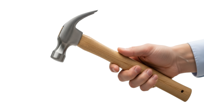 A gender-neutral hand carefully holds a modern claw hammer with shiny silver head, polished wood handle against a blurred minimalist studio background, concept of meticulous planning and craftsmanship