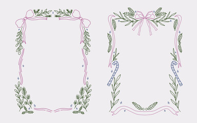 Christmas border frame line art style with branches, ribbon bow element. Minimalist christmas vintage frame perfect for invitation, poster, card, or cover.