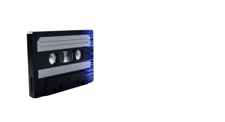 Fototapeta premium Black cassette tape, its shadow transforms into glowing blue data streams on minimalist surface, clean corporate background, concept of business transformation and digital era