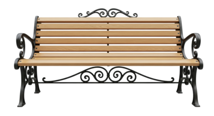 Classic park bench with light brown wooden slats and dark ornate wrought iron scrollwork, front-on, on a transparent background, eye-level studio shot, concept of tranquility and contemplation