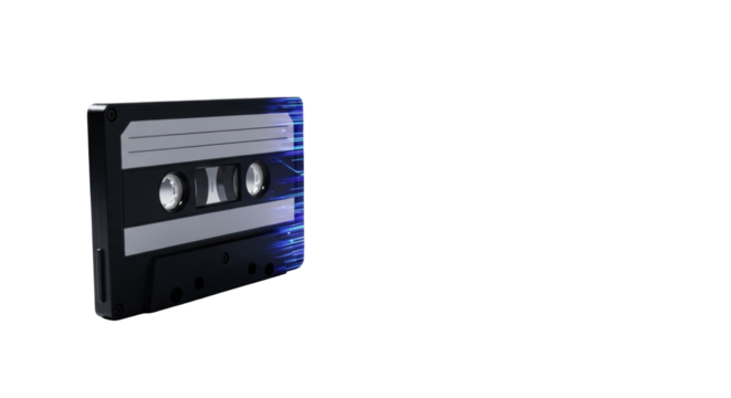 Black cassette tape, its shadow transforms into glowing blue data streams on minimalist surface, clean corporate background, concept of business transformation and digital era