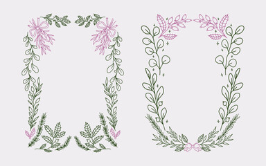 Christmas border frame line art style with branches winter floral element. Minimalist christmas vintage frame perfect for invitation, poster, card, or cover.