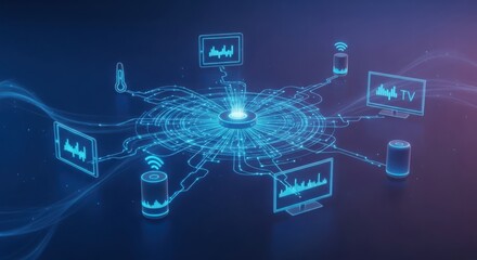 Futuristic smart home network with central hub connecting iot devices like speakers, tvs, and tablets through glowing blue data lines. illustration