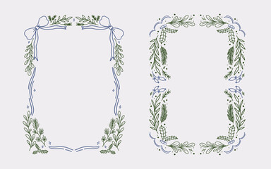 Christmas border frame line art style with branches, ribbon bow element. Minimalist christmas vintage frame perfect for invitation, poster, card, or cover.