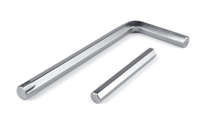 Fototapeta premium A close-up studio shot presents a chrome, star-shaped wrench next to its smaller, separated extension. The tools lie against a white backdrop