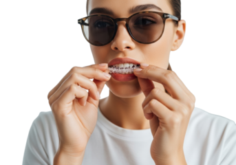 Young adult with healthy skin and well-groomed hands gently holding a clear dental appliance in a bright minimalist studio, conveying modern oral care and personal well-being