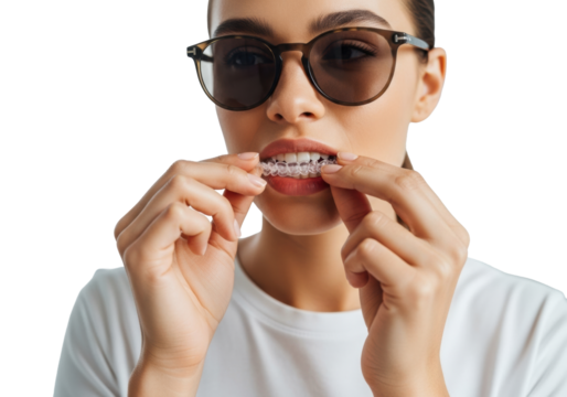 Young adult with healthy skin and well-groomed hands gently holding a clear dental appliance in a bright minimalist studio, conveying modern oral care and personal well-being