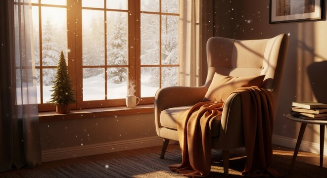 Cozy armchair by a window with a snowy winter forest view and falling snowflakes, a Christmas tree and steaming mug on the sill creating a peaceful holiday scene.