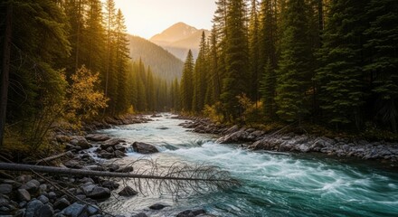 Majestic mountain river winding through a dense coniferous forest under a golden hour sky, showcasing nature's pristine beauty and serenity. illustration