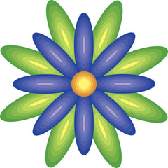 Naklejka premium Abstract stylized flower with blue petals and green leaves against a white background with yellow center detail