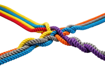 Six vibrant, distinct ropes (red, yellow, blue, orange, gray, purple) smoothly intertwining into a single robust cord against a transparent studio background, concept of unity and collaboration
