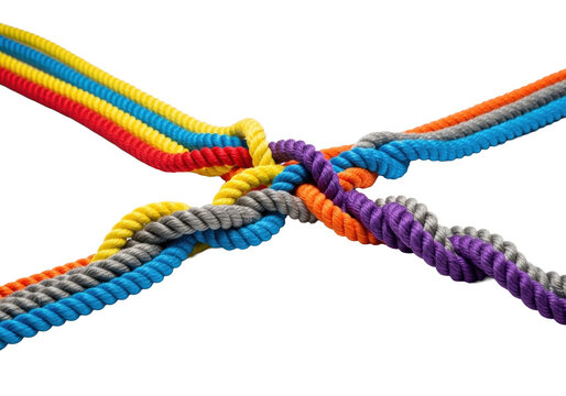 Six vibrant, distinct ropes (red, yellow, blue, orange, gray, purple) smoothly intertwining into a single robust cord against a transparent studio background, concept of unity and collaboration
