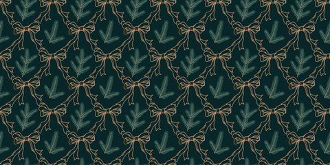 Christmas tree branches, Coquette Bows and Ribbons. Winter Seamless Pattern. Pine, Spruce or Fir. Merry Christmas, Happy New Year. Endless Background for Stationery, Fabric, Prints, Wrapping, Packagin