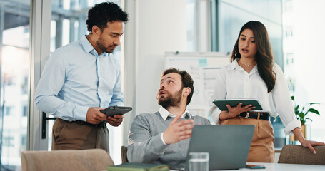 Laptop, team and business people in office for discussion, insurance proposal or conversation....