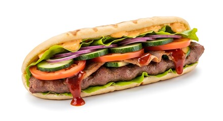 Sandwich with meat, vegetables, and sauce isolated on white background