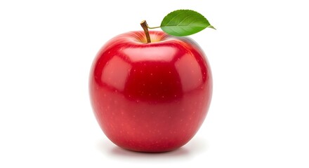 Red apple with a green leaf isolated on white background