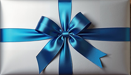 Silver gift box with satin blue ribbon and bow, elegant celebration packaging