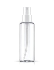 A tall, cylindrical clear plastic spray bottle with a white nozzle. The bottle casts a subtle shadow on a white background