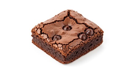 Delicious chocolate brownie with chocolate chips isolated on white background