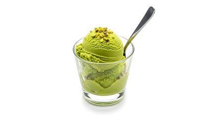Pistachio ice cream in a glass with spoon isolated on white background