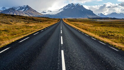 A straight, open road leads toward snow-capped mountains under a dramatic, cloudy sky, with golden fields on either side