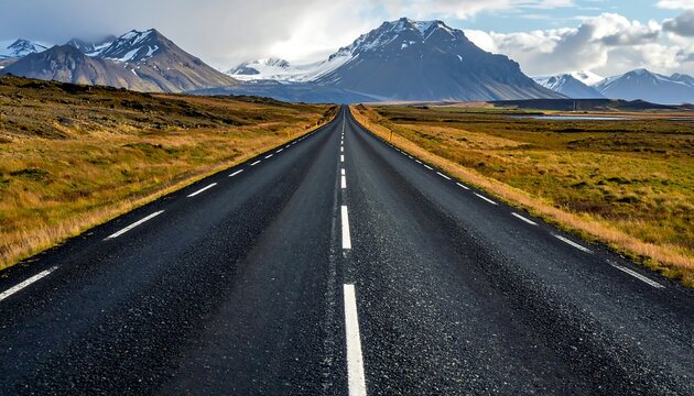 A straight, open road leads toward snow-capped mountains under a dramatic, cloudy sky, with golden fields on either side
