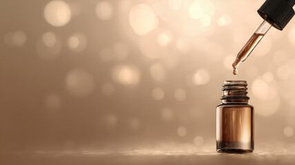 A close-up shot of a small bottle with a pipette dispensing a drop of liquid. The image highlights the process of extracting the liquid.
