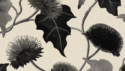 Intricate grayscale botanical pattern featuring spiky seed pods and stylized leaves on cream background